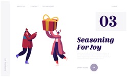 Happy Friends Greetings Website Landing Page. Female Characters Giving Presents to Each Other on Winter Holidays Celebration. Festive Event with Gifts Web Page Banner. Cartoon Flat Vector Illustration