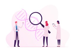 Scientists Working with Dna Looking through Huge Magnifying Glass and Making Notes. Doctor with Flask Doing Laboratory Research. Medicine Technology Genetic Testing Cartoon Flat Vector Illustration