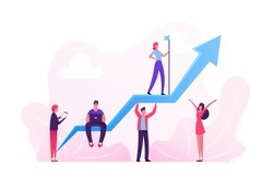 Business Characters Team Working around Huge Growing Arrow. Leader Stand on Top with Hoisted Flag, Businesspeople Teamwork and Leadership, Investment Growth Concept. Cartoon Flat Vector Illustration