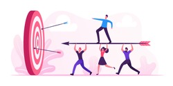 Business Goals Achievement Concept. Businesspeople Team Carry Huge Arrow with Businessman Standing on it Running to Huge Target. Aim Mission Challenge Task Solution. Cartoon Flat Vector Illustration