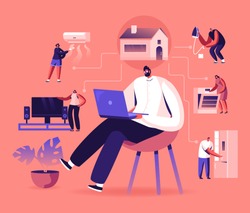 Internet of Things, Smart Home App Network Connection. Man Sitting on Chair with Laptop Control Household Devices Using Wireless Technologies Wifi and Iot Application. Cartoon Flat Vector Illustration