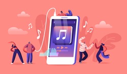 Young People Listen Music on Mobile Phone Application Concept. Tiny Male and Female Characters Wearing Headphones Enjoying Sound Composition, Dancing and Relaxing. Cartoon Flat Vector Illustration
