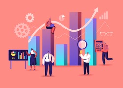 Science Statistics. Tiny Characters at Touch Screen and Huge Column Data Chart. Project Management Analysis. Hitech Technology Solutions with Development Graphs. Cartoon People Vector Illustration