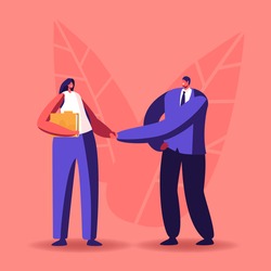 Company Hiring Manager Welcoming New Employee. Business Man Character Greeting Applicant with Work Appointment. Businessman Shaking Hand to Recruit Girl in Office. Cartoon People Vector Illustration
