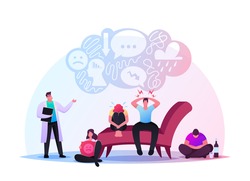 Depressed Young Men and Women Suffering of Depression Anxiety Problem Feeling Frustrated. Anxious Characters Sitting Sad or Desperate at Psychologist Doctor Cabinet. Cartoon People Vector Illustration