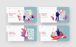 Tiny Characters Finding Idea, Solution in Labyrinth Landing Page Template Set. Challenge and Problem Solving Concept. People at Maze Thinking how to Pass Way for Success. Cartoon Vector Illustration