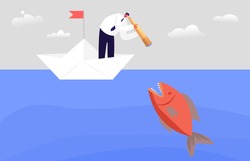 Frightened Business Character Looking through Spyglass in Ocean Water with Huge Fish. Business Man on Paper Boat Avoid Crisis, Bankruptcy Situation, Prevent Hidden Danger. Cartoon Vector Illustration