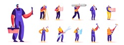 Set of People Workers Profession. Male Characters in Working Overalls Holding Different Instruments and Equipment for Construction Works Isolated on White Background. Cartoon Vector Illustration