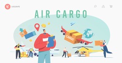 Air Cargo Transportation, Aircraft Logistics Landing Page Template. Delivering Goods by Airplane, Helicopter. Characters Loading Boxes on Plane for Shipping. Cartoon People Vector Illustration