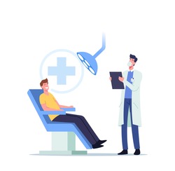 Man Patient Sitting in Medical Chair in Stomatologist Cabinet with Equipment. Doctor Character Conducting Teeth and Oral Cavity Medical Check Up or Treatment. Cartoon People Vector Illustration