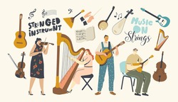 Characters Playing Music, Musicians with Stringed Instruments Performing on Stage with Violin, Harp, Guitar or Balalaika, Artist Orchestra Concert, Folk Performance. Cartoon People Vector Illustration