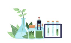 Alternative Traditional Medicine Concept. Tiny Doctor Male Character with Laptop Sitting on Huge Bottle with Green Leaves or Natural Ingredients for Remedy Creation in Lab. Cartoon Vector Illustration