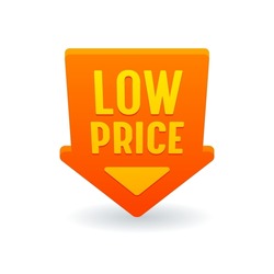 Low Price Red Arrow Down Discount Label, Banner or Icon, Promo Offer for Sale, Tag, Cost Reduction, Price Off Promotion, Rebate Sticker or Emblem Isolated on White Background. Vector Illustration