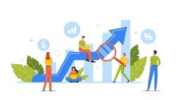 Business Characters Stand Around Huge Growing Analytics Arrow Graph. Analysing Big Financial Data and Growth Chart. Business Strategy Office Team Work Together. Cartoon People Vector Illustration