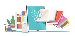 Books Digitization Concept. Textbook Paper Pages and Written Information Converting into Digital Version on Table Pc Screen, Library with Shelves, Modern Technologies. Cartoon Vector Illustration