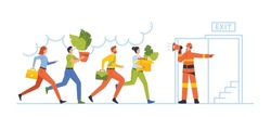 Hazard at Workplace. Fireman with Megaphone Announce Fire Emergency Evacuation Alarm. Alert Building Occupant Characters Escape Office in Life-threatening Situation. Cartoon People Vector Illustration