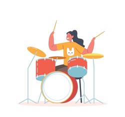Girl Drummer Playing Musical Composition, Performance on Stage or Exam, Kid Take Part in Talent Show. Talented Child Artist Drum Kit Player Study in Musical School. Cartoon Vector Illustration