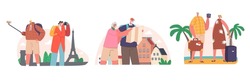 Senior Tourists in Foreign City Searching Place with Map, Using Mobile for Making Selfie. Old Characters Travelers Traveling Abroad. Active Pensioners Trip, Voyage. Cartoon People Vector Illustration