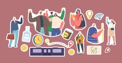 Set of Stickers People Crowd Riding Subway Train. Passengers in Underground Urban Public Transport Metro. Tourists or Native Citizens Characters Inside Underpass Transportation. Cartoon Vector Patches