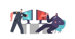 Cyber Police Catching Robber through Computer Screen. Policeman Character Defend Information and Private Data, Law Defence, Online Protection from Hacker Attack. Cartoon People Vector Illustration