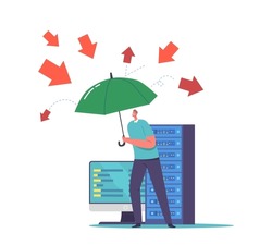 Man with Umbrella Protect Computer from Virus or Hacker Attack. Guard Character Protect Data Cloud. Ddos Attack And Safety Digital Technology Concept. Cartoon Vector Illustration