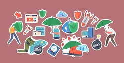 Set of Stickers Ddos protection, Cyber Security And Safety Data. People with Shield and Umbrella Protect Blockchain Network And Online Servers From Virus or Hacker Attacks. Cartoon Vector Patches