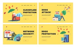 Ddos Protection, Cyber Security And Safety Data Landing Page Template Set. People with Shield and Umbrella Protect Network And Online Servers From Virus or Hacker Attacks. Cartoon Vector Illustration
