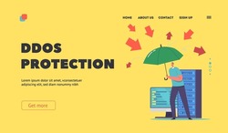 Ddos Protection Landing Page Template. Man with Umbrella Protect Computer from Virus or Hacker Attack. Safety Digital Technology. Guard Character Protect Data Cloud. Cartoon Vector Illustration
