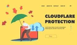 Cloudflare Protection Landing Page Template. Hacker Attack And Safety Digital Technology Concept. Man with Umbrella Protect Computer, Guard Character Protect Data Cloud. Cartoon Vector Illustration