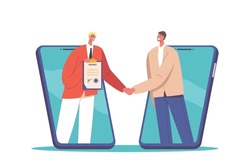Smart Digital Contract Concept with Business Men Handshake Coming Out Of Huge Mobile Phones. Male Characters Successful Online Deal, Agreement, Partnership. Cartoon People Vector Illustration