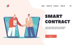 Smart Contract Landing Page Template. with Business Men Handshake Coming Out Of Huge Mobile Phones. Male Characters Successful Online Deal, Agreement, Partnership. Cartoon People Vector Illustration