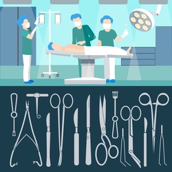 Surgery Operation. Medical Staff. Hospital Room Operating. Insurance. Tools, Surgical Instruments. Vector Illustration