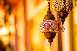 Traditional handmade multicolor turkish moroccan lamps style mosaic and coloured glass. Ramadan Kareem.