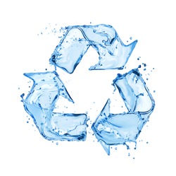 Recycling sign made of water splashes, conceptual image on white background