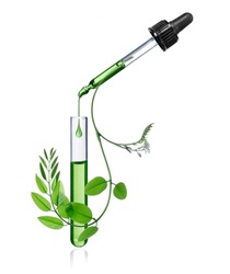 Cosmetic pipette and vial with green leaves on white background