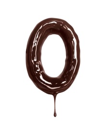 Number 0 with dripping drop is made of melted chocolate, isolated on white background
