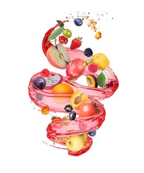 Different fruits and berries with splashes of juice in a swirling shape