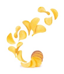 Potato chips rise into the air isolated on a white background
