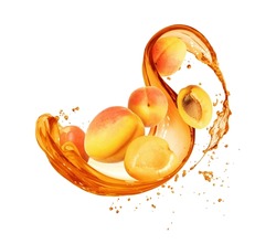 Ripe apricots in splashes of juice isolated on a white background 