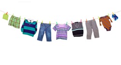Laundry line with clothes on a white background
