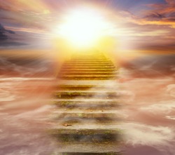 Light in dark sky . Stairs in sky .  Religion for the person . Way to heaven  .  Religious background .  Way to success 