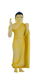 Standing Buddha statue in the temple isolated on white background. front view