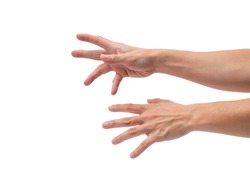 asian male hands reaching out on isolated white background