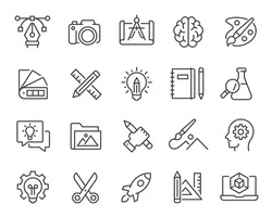 Creative and Design icons set. Such as Idea, Thinking, Notepad, Pencil and Ruler, Palette and others. Editable vector stroke.
