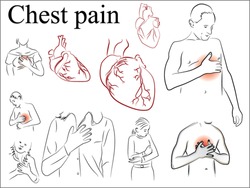 Heart and heartburn. Chest pain. Pencil drawing, black and white illustration. Chest pain, a schematic representation of the breast, heart. Drawn by hand scribble black and white cartoon vector