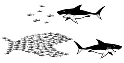 Concept illustration for unity and strength in numbers, with shark and small fishes.