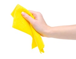 Yellow rag cleaning in hand on white background isolation