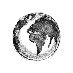 Vector Single Black Sketch Globe Illustration Isolation on White Background. Hand Drawn Planet Earth. 