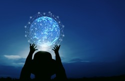 global network connection in human hands on night sky background new concept innovation discovery creativity communication.soft focus picture