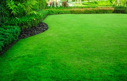 The front yard in spring garden landscape design with tall and short shrubs and flowers has a beautiful rounded shape in the middle is grass multicolored shrubs intersecting bright green grass,Lawn.  
